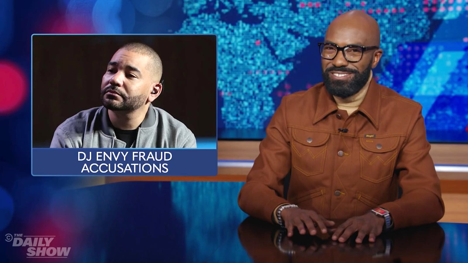 Desus Nice discussing DJ Envy's real estate fraud investigation on "The Daily Show"