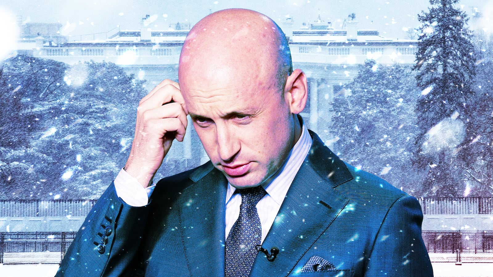 A photo illustration of Stephen Miller outside the White House in the snow.