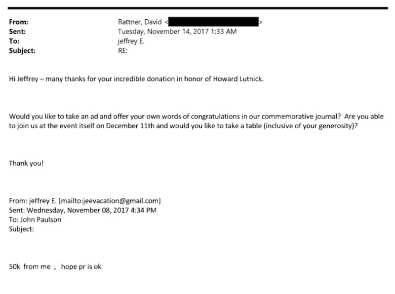 Email correspondence between Jeffrey Epstein and and associate of Howard Lutnick.