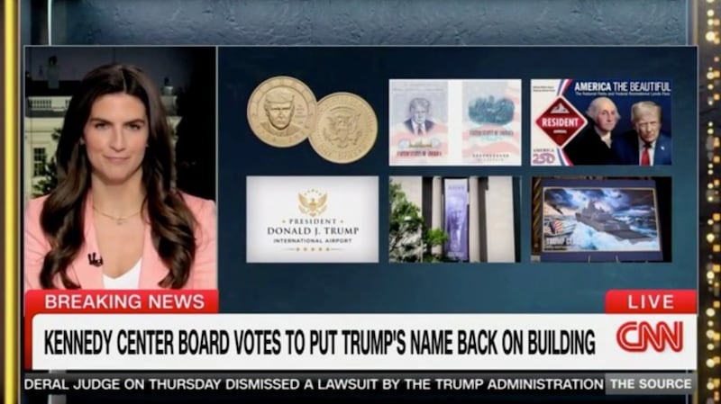 Collins listed several of Trump's vanity projects, such as his image on gold coins, giant banners on government buildings, and in passports.