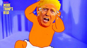 An illustration of Donald Trump crying like a baby for Inside Trump's Head podcast.