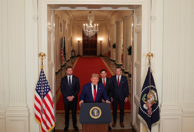 Donald Trump delivers an address to the nation alongside  JD Vance, Marco Rubio and Pete Hegseth at the White House in Washington, D.C., U.S., June 21, 2025, following U.S. strikes on Iran's nuclear facilities.