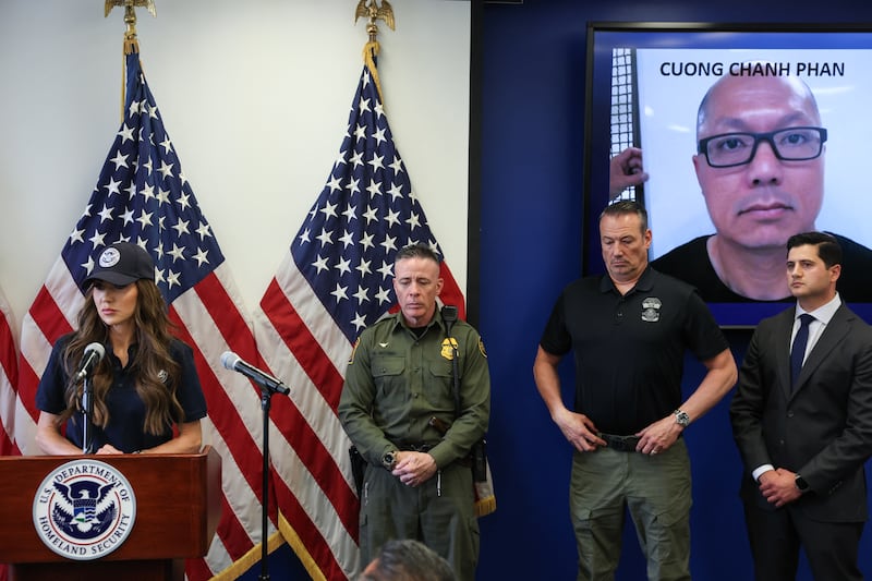 US Department of Homeland Security Secretary Kristi Noem (L) speaks during a news conference alongside (L/R) Gregory Bovino, Chief Patrol Agent at the El Centro Sector of US Customs and Border Patrol, Acting ICE Director Todd Lyons, and US Attorney for the Central District of California Bilal Essayli