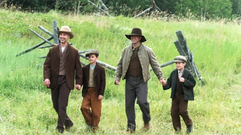 Jason Hanna and Joe Riggs with sons, Ethan and Lucas on "Back to the Frontier."