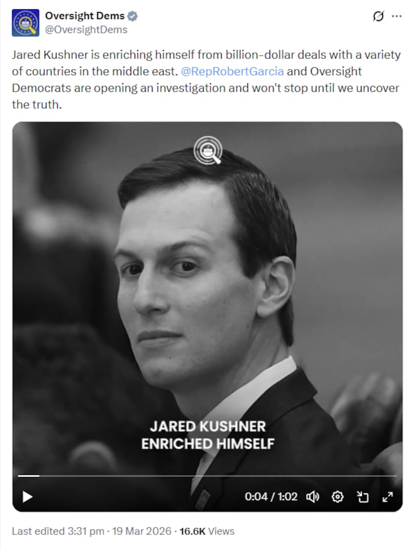 The Oversight Democrats announced they are opening an investigation into Kushner.
