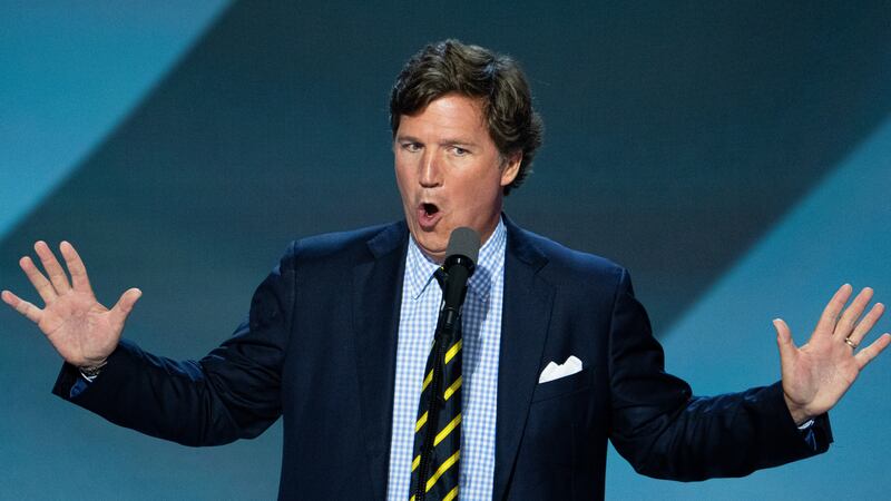 UNITED STATES - JULY 18: Tucker Carlson speaks during the final night of the Republican National Convention in Milwaukee on Thursday, July 18, 2024. (Bill Clark/CQ-Roll Call, Inc via Getty Images)