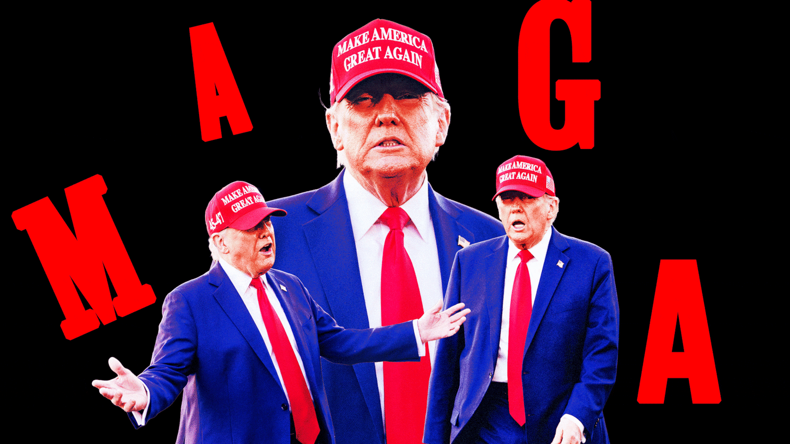 An animated GIF of President Donald Trump with the letters of MAGA flying around him.