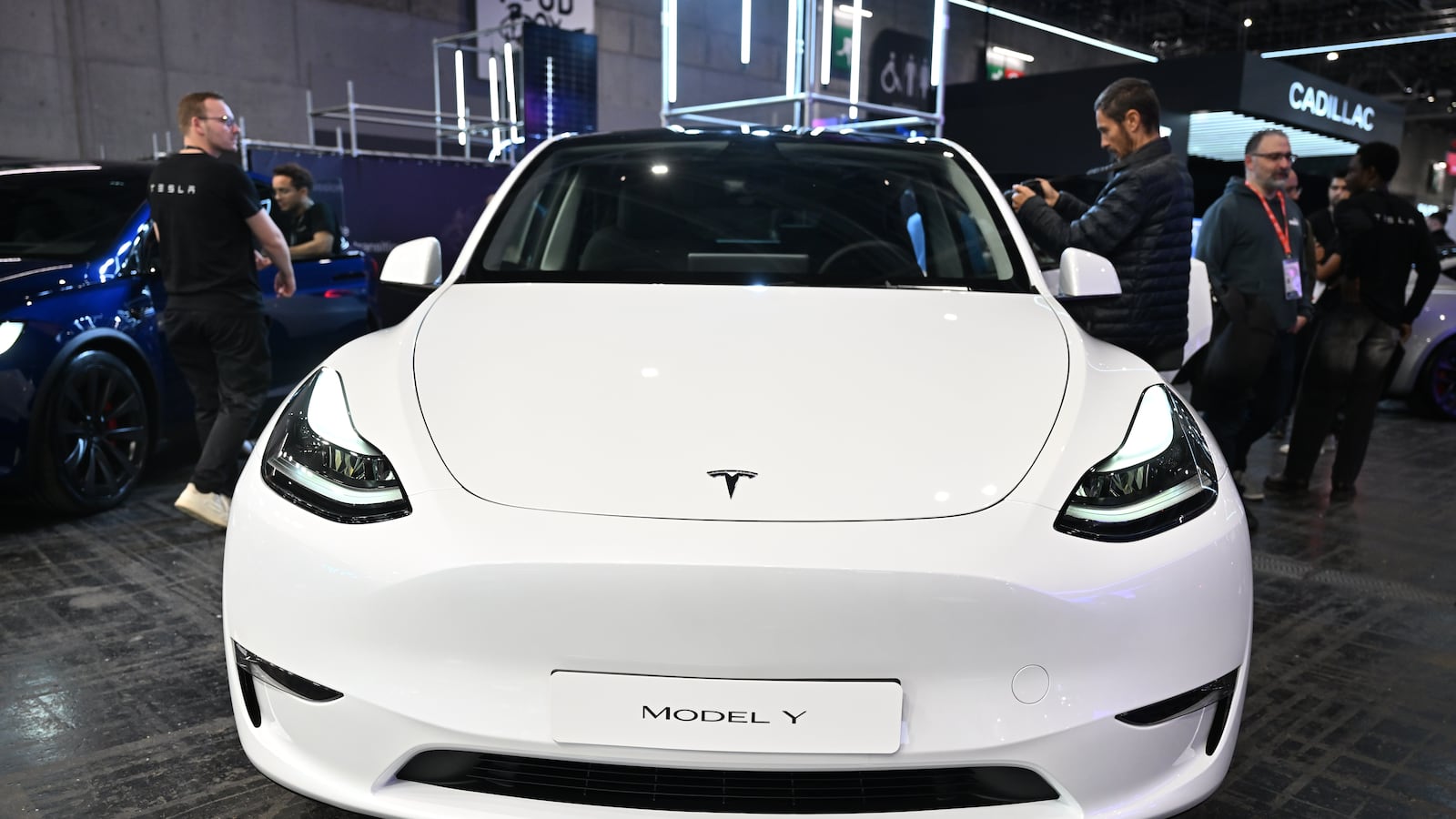 PARIS, FRANCE - OCTOBER 14: A Tesla Model Y is on display on media day of the Mondial de l'Automobile (Paris Motor Show) at the Porte de Versailles Exhibition Center in Paris, France on October 14, 2024. (Photo by )