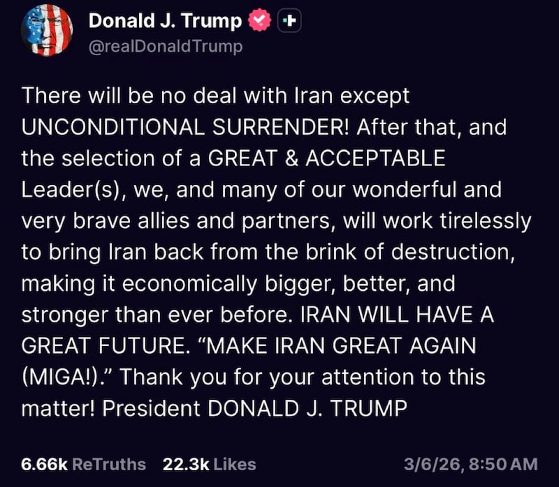 Trump's post one month ago demanded "unconditional surrender".