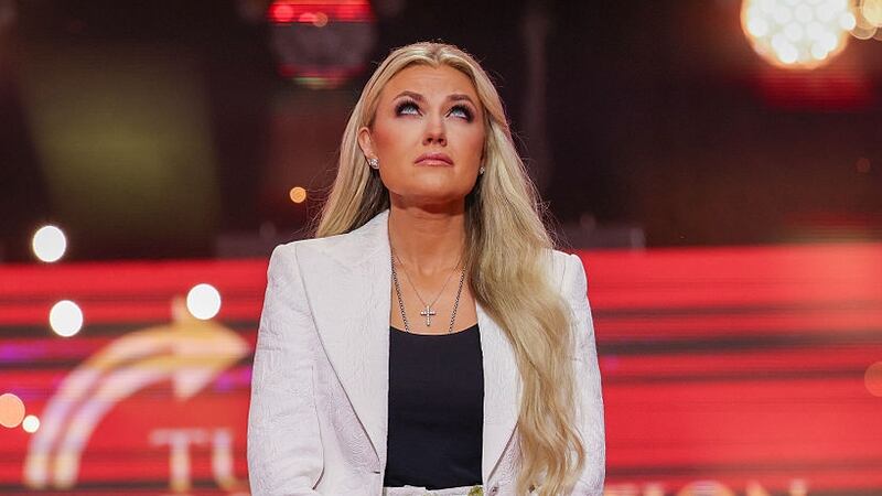 Erika Kirk speaks during the memorial service for her husband, political activist Charlie Kirk at State Farm Stadium on September 21, 2025 in Glendale, Arizona. Kirk, the CEO and co-founder of Turning Point USA, was shot and killed on September 10th while speaking at an event during his "American Comeback Tour" at Utah Valley University. (Photo by Win McNamee/Getty Images)