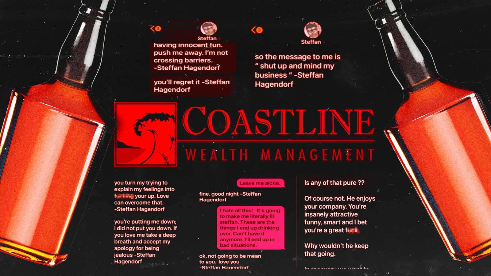 A photo illustration of messages received by Sasha Kemnitzer at Coastline Wealth Management and alcohol bottles.