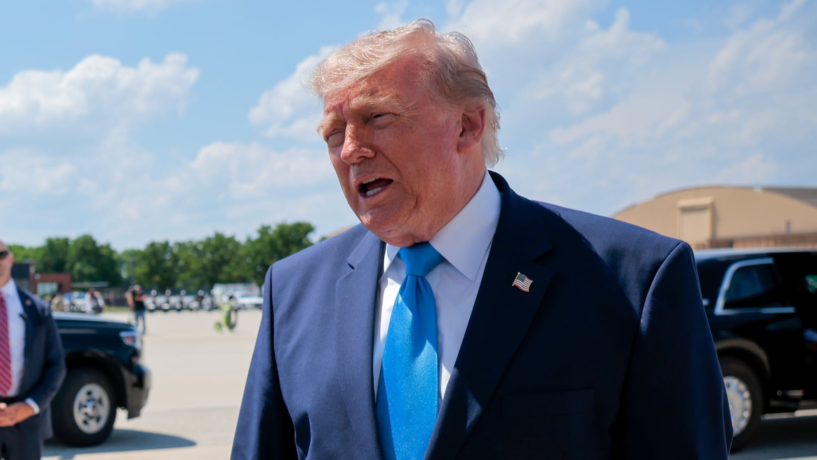President Donald Trump speaks to reporters after arriving on Air Force One on May 20, 2026 back at Joint Base Andrews, Maryland.