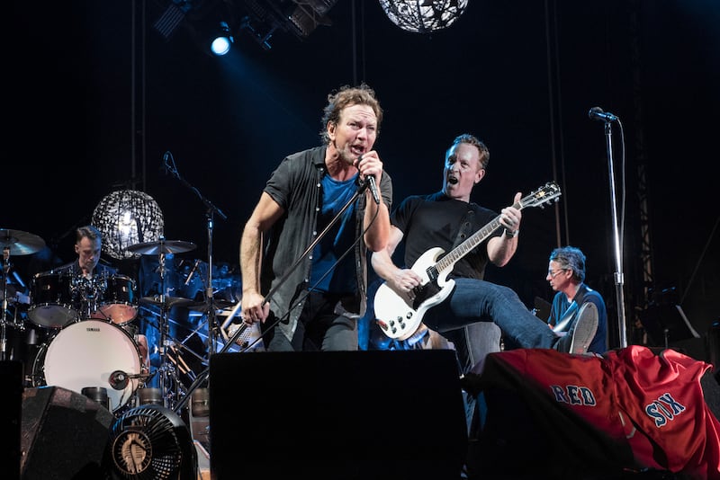Pearl Jam drummer Matt Cameron and lead singer and guitarist Eddie Vedder, Buffalo Tom singer and guitarist Bill Janovitz and Pearl Jam guitarist Stone Gossard perform live on stage