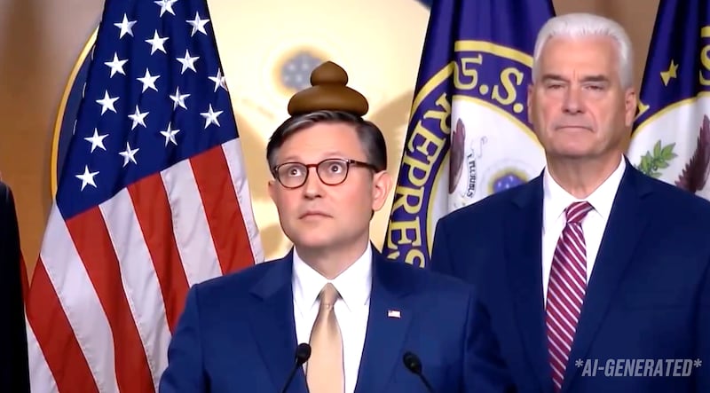 Mike Johnson looks shocked to have poop land on his head during the AI video., which Jared Moskowitz joked was "satire."