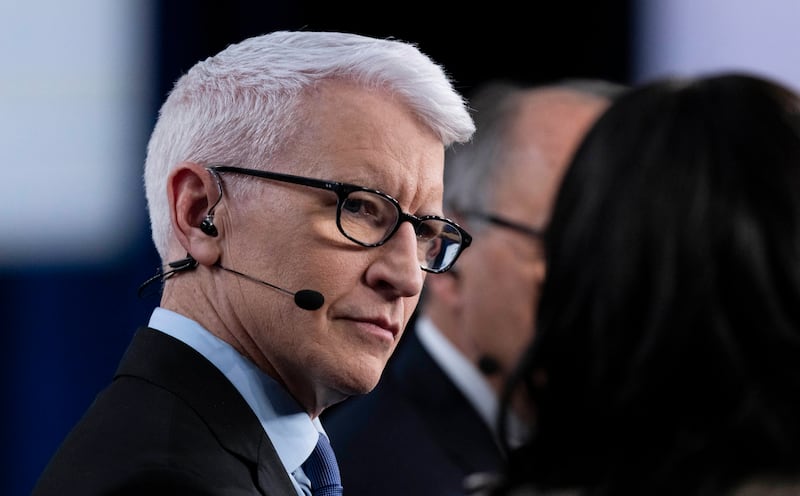 CNN journalist Anderson Cooper looks on in the spin room after the fifth Republican presidential primary debate at Drake University in Des Moines, Iowa, on January 10, 2024.