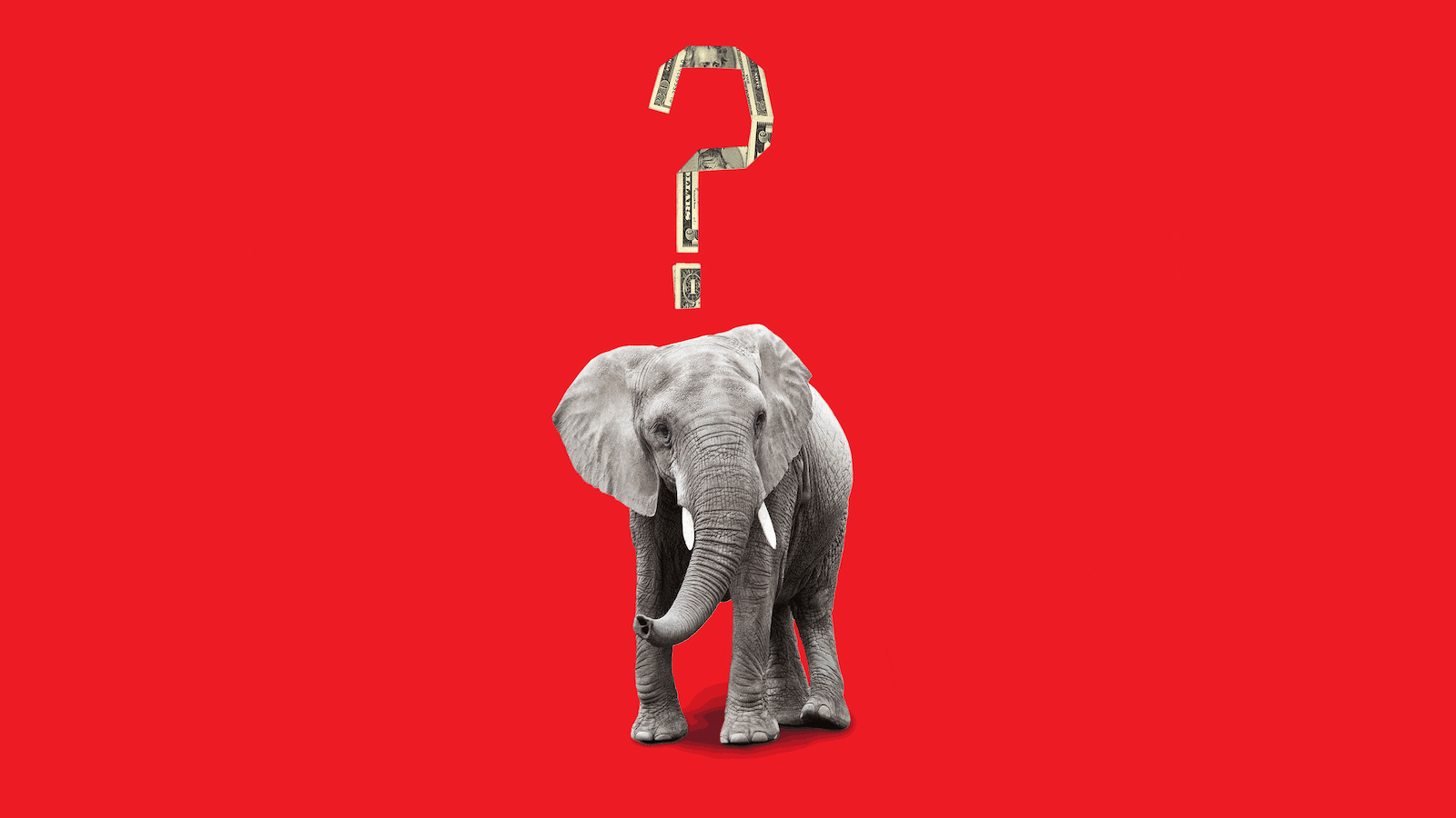A gif of an elephant with a question mark made out of money flashing overhead