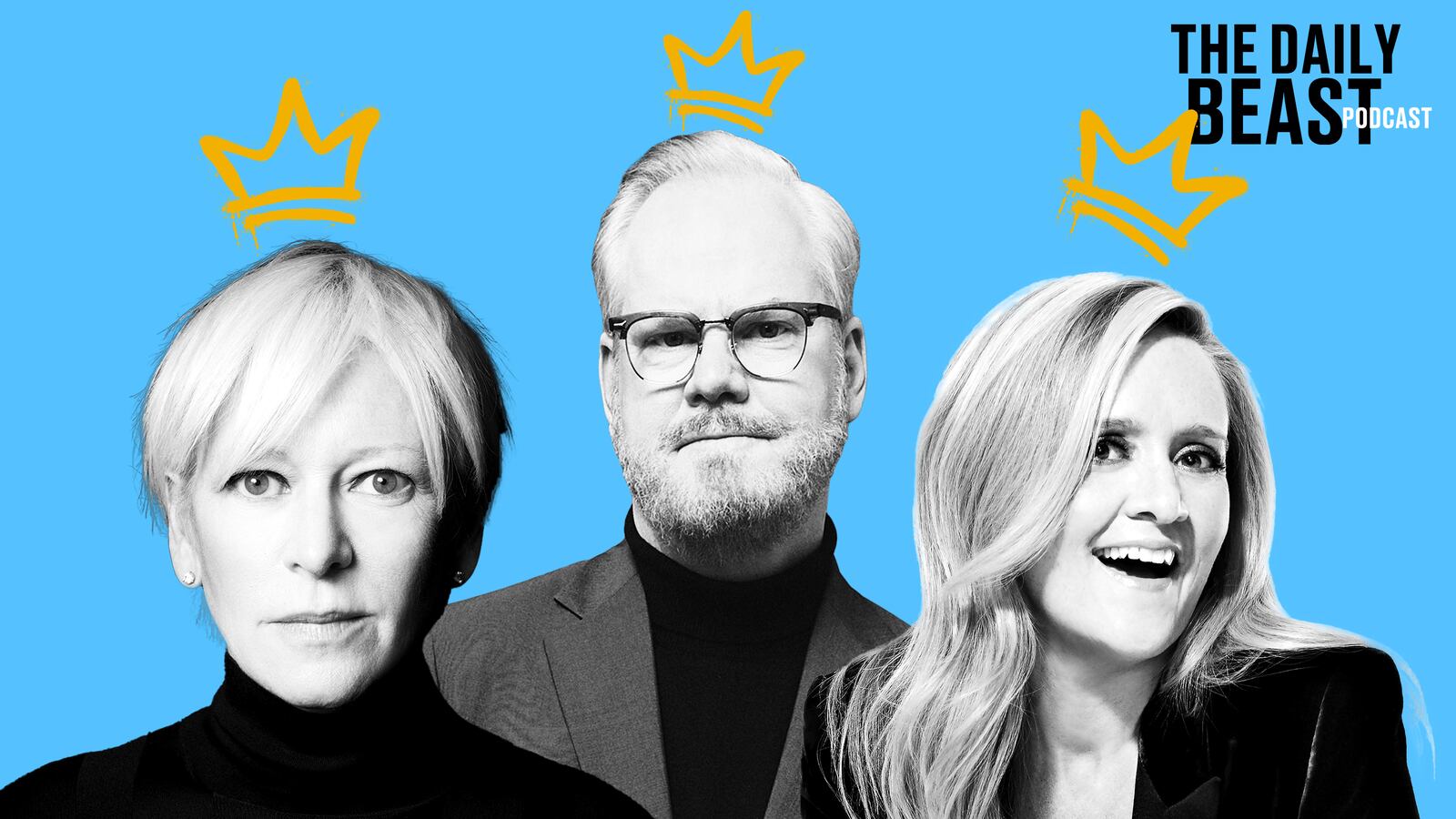 A photo illustration of Joanna Coles, Jim Gaffigan, and Samantha Bee.