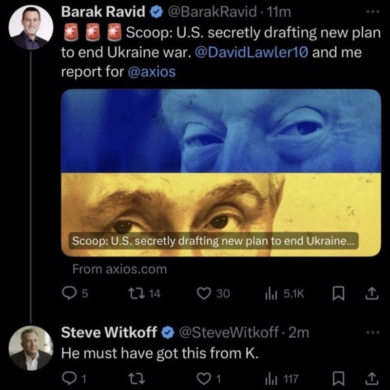 A grab showing Witkoff's now-deleted reply to Ravid.