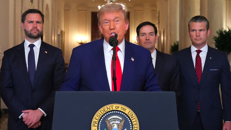Trump flanked by Vice President JD Vance, Secretary of State Marco Rubio, and Defense Secretary Pete Hegseth in an address to the nation after Trump ordered strikes on nuclear facilities in Iran in June.