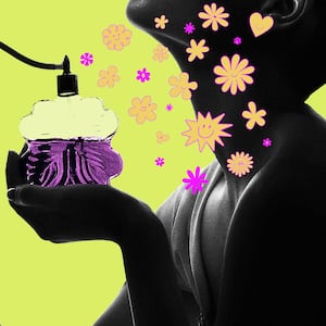 woman spraying perfume on a green background with orange and pink shapes