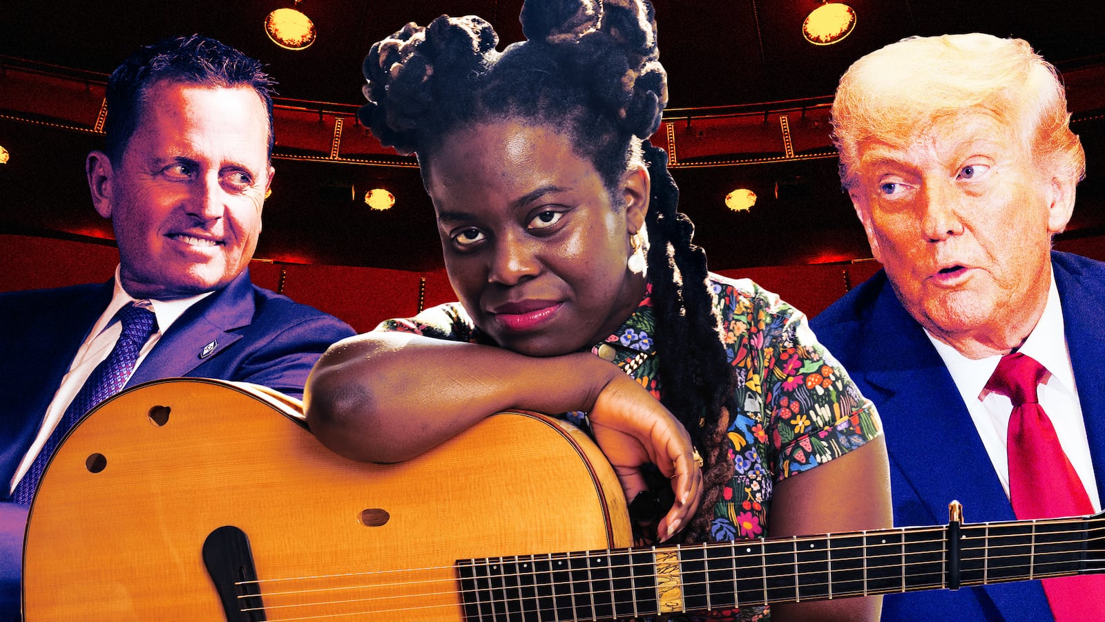 A photo illustration of Ric Grenell, Yasmin Williams, and Donald Trump, and the John F. Kennedy Center for the Performing Arts in Washington, DC.