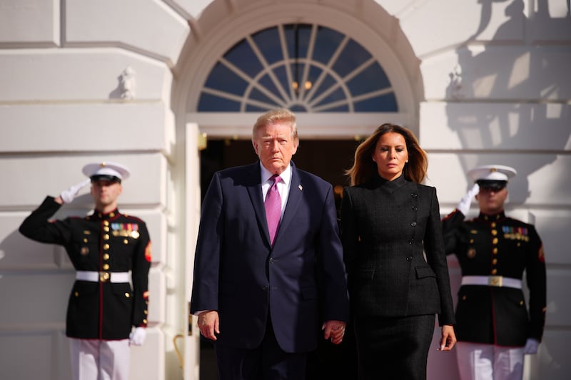 WASHINGTON, DC - SEPTEMBER 24: U.S. President Donald Trump and first lady Melania Trump await the arrival of President of China Xi Jinping and first lady of China Peng Liyuan during an arrival ceremony at the White House on September 24, 2026 in Washington, DC. President Trump is hosting President Xi for a three-day state visit to Washington, DC where the leaders are expected to discuss trade practices, artificial intelligence and furthering "strategic stability" between their countries. (Photo by Andrew Harnik/Getty Images)
