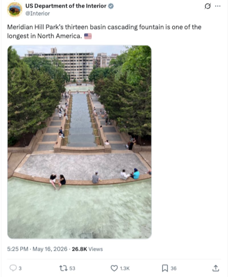 The Meridian Hill Park fountain as seen in May, according to the Interior Department.