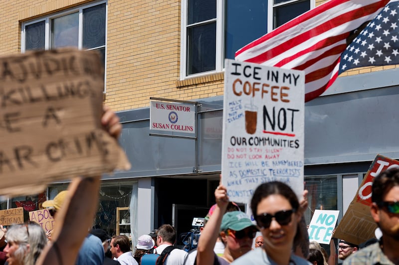 Protesters gather outside the office of U.S. Senator Susan Collins (R-ME) during a protest after a shooting involving U.S. Immigration and Customs Enforcement (ICE) in Biddeford, Maine, U.S. July 13, 2026.  REUTERS/CJ Gunther