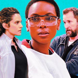 A photo illustration of Sepideh Moafi, Tracy Ifeachor, and Noah Wyle in The Pitt.