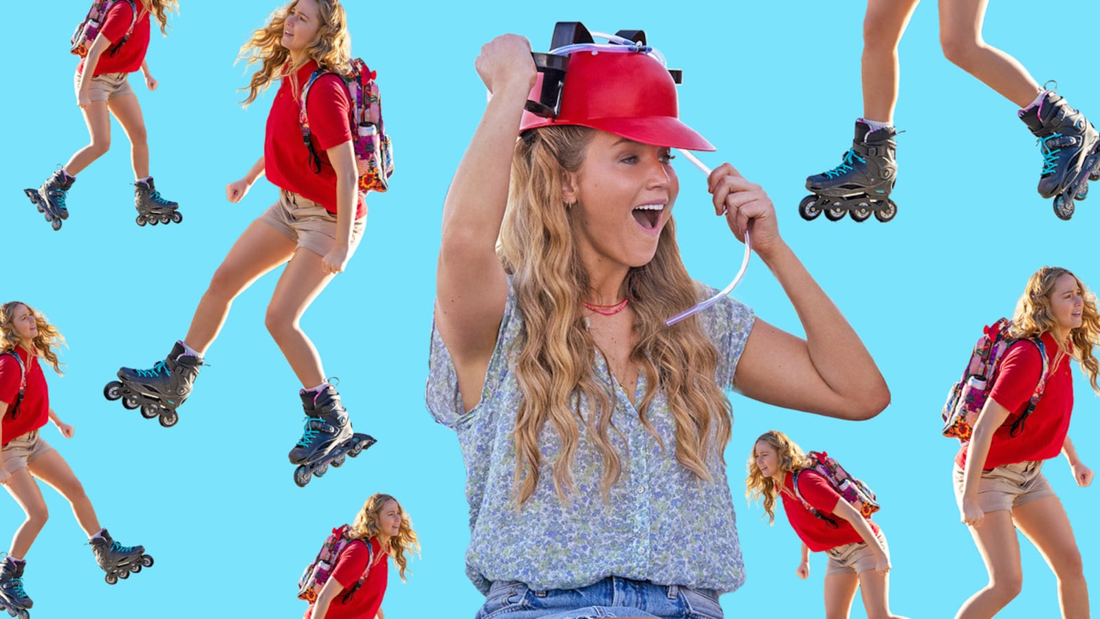 A photo illustration of Jennifer Lawrence roller skating in the movie No Hard Feelings.