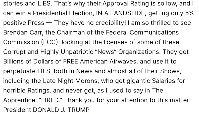 Donald Trump posts about negative coverage of his war on Truth Social.