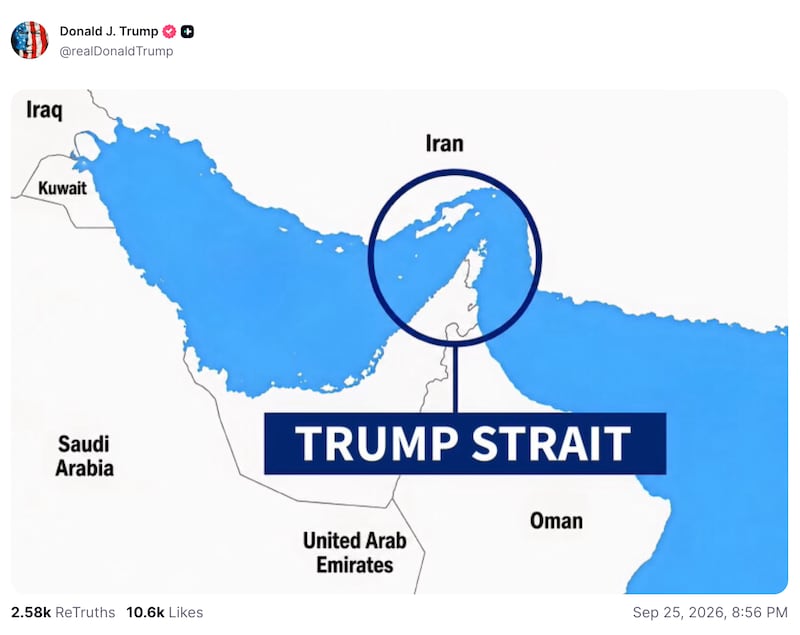 Trump posts an AI generated image of his plan to rename the Straight of Hormuz.