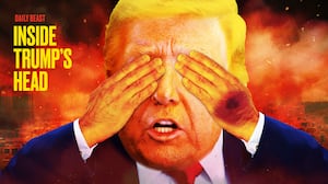 A photo illustration of Donald Trump with his eyes covered with explosions and smoke behind him.