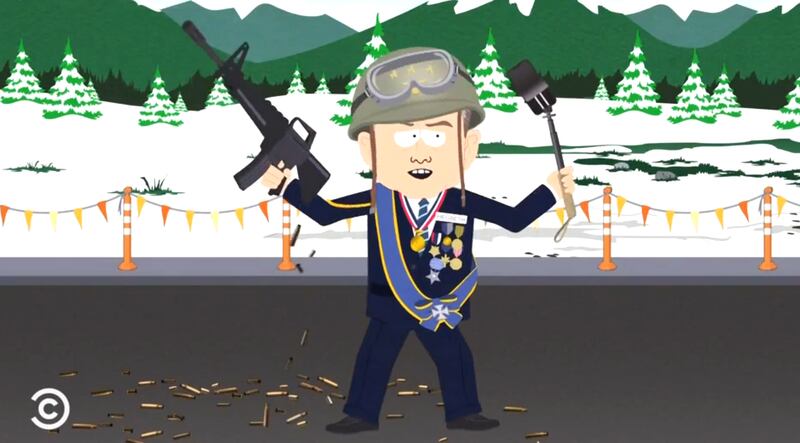 South Park, Pete Hegseth holding a gun and a selfie stick