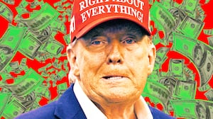 A photo illo illustration of Donald Trump with flying money.
