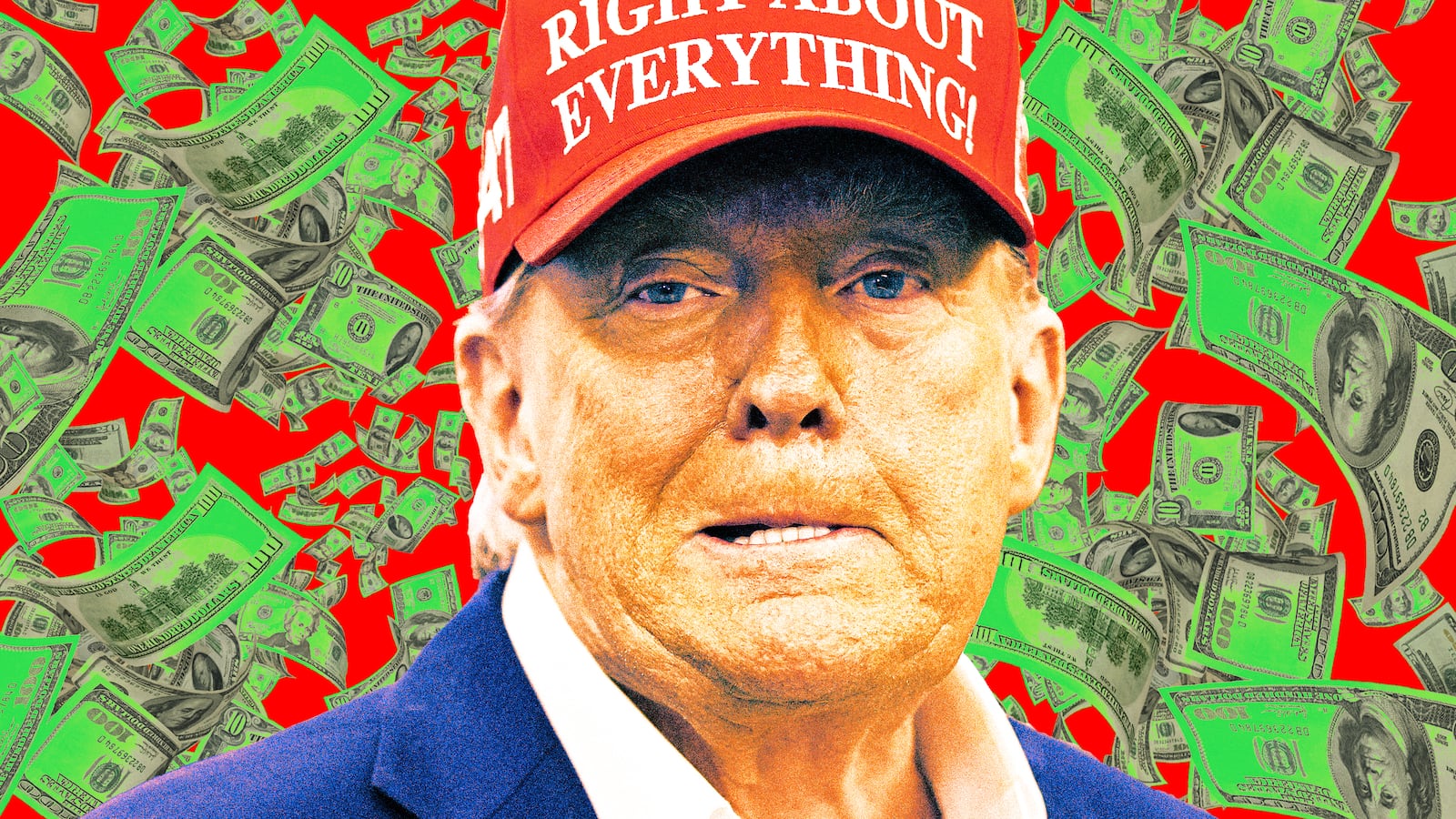 A photo illo illustration of Donald Trump with flying money.