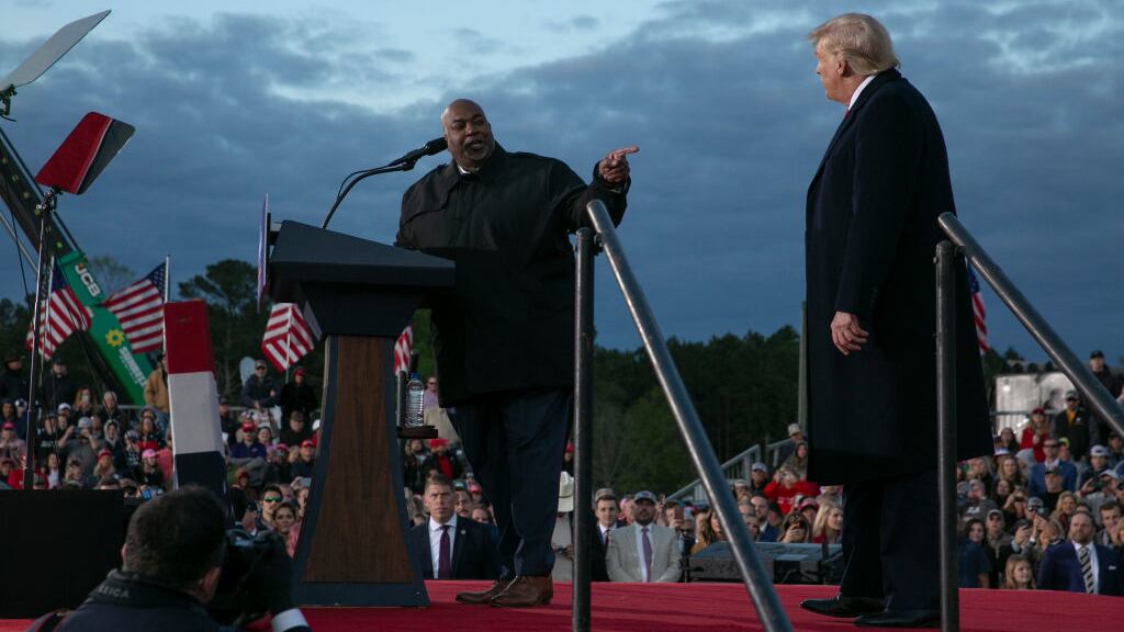 Embattled North Carolina Lt. Gov. Mark Robinson speaks at a Trump campaign event in April.