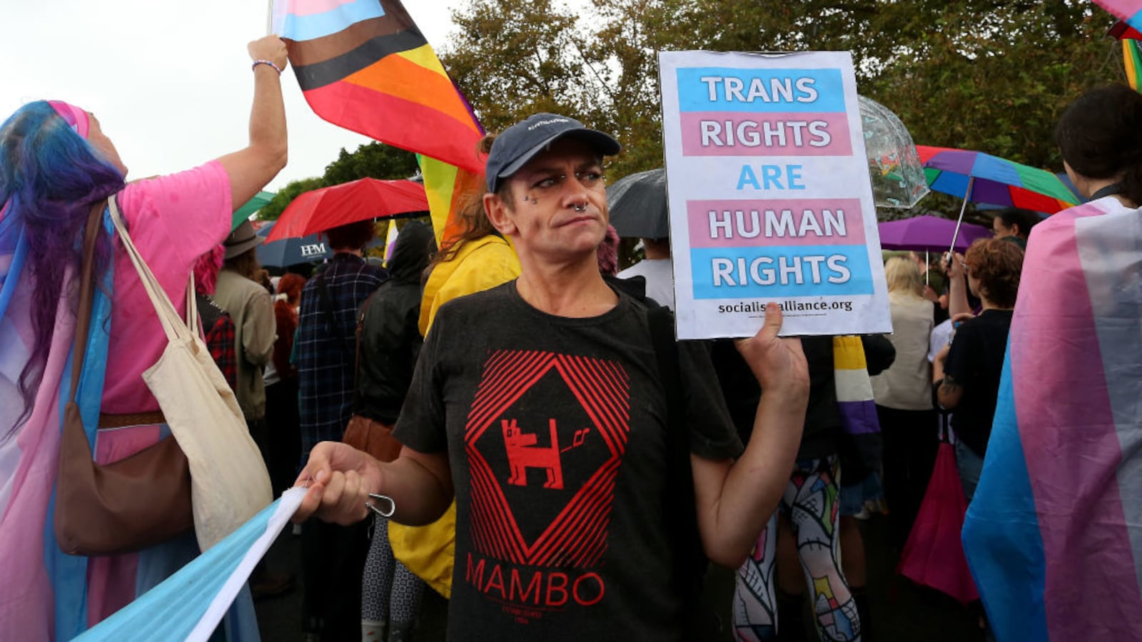 Activists and advocates participate in a 2023 Trans Day of Visibility Rally.