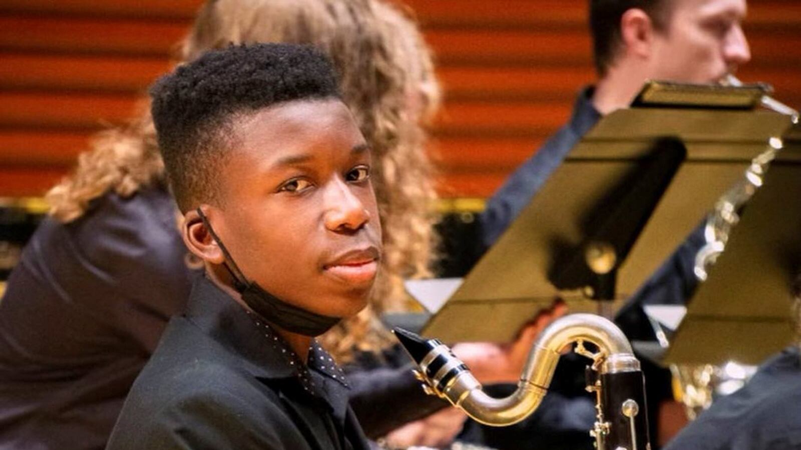 Ralph Yarl, a Black 16-year-old who was shot and wounded by a homeowner after mistakenly going to the wrong house to pick up his siblings, holds a bass clarinet in this picture obtained from social media.