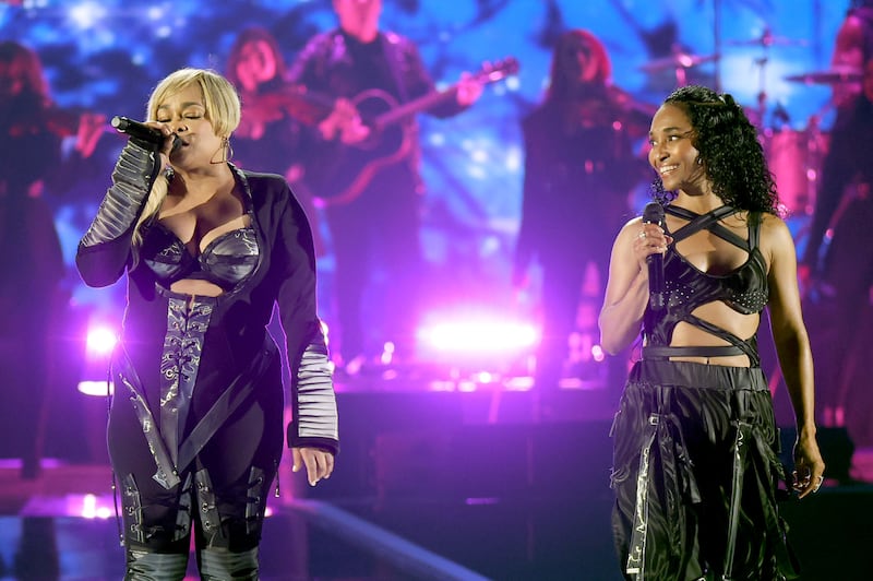 Tionne "T-Boz" Watkins and Rozonda "Chilli" Thomas of TLC performing on September 22, 2023 in Las Vegas, Nevada.