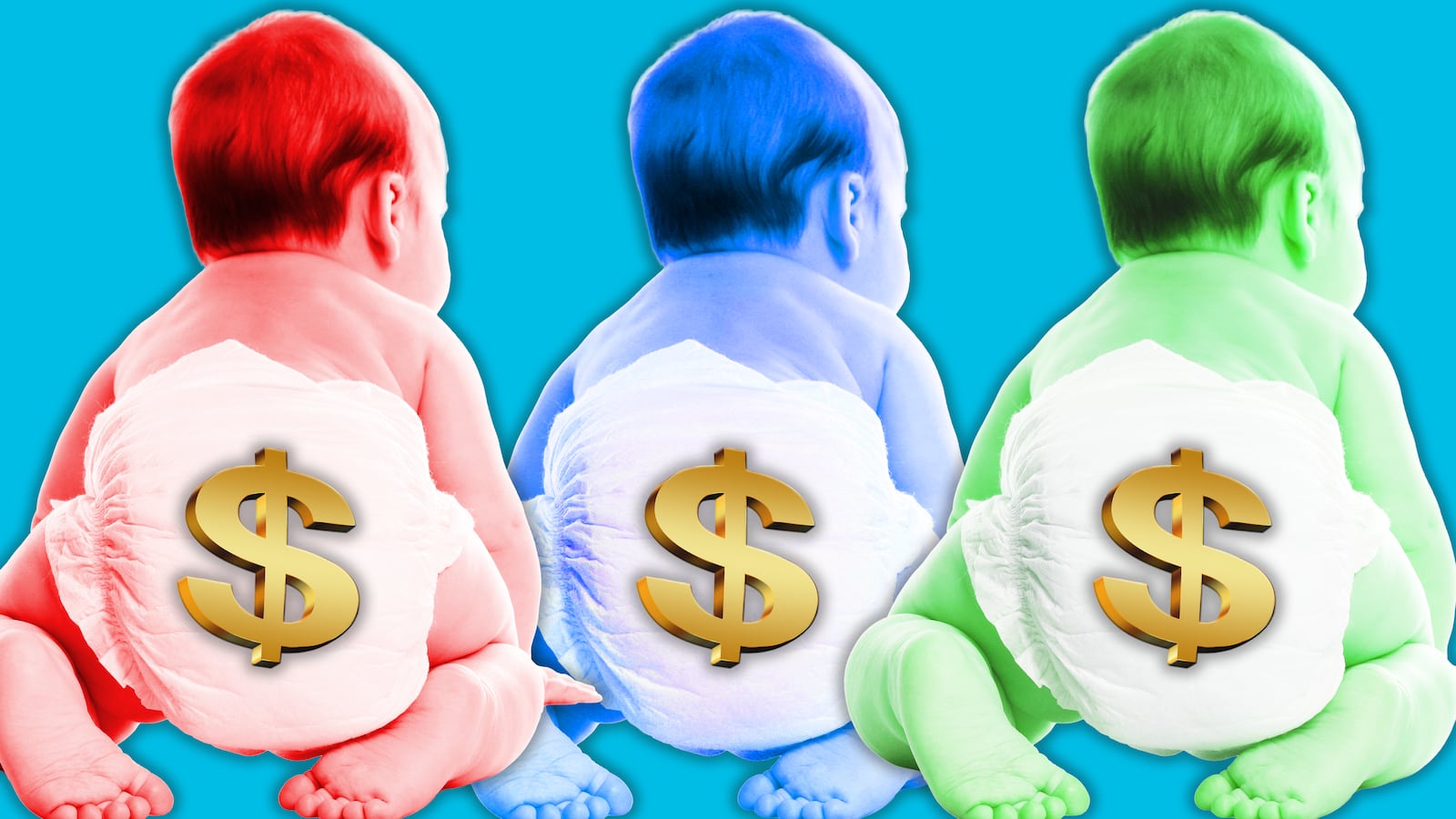 photo illustration, babies with dollar signs on diapers