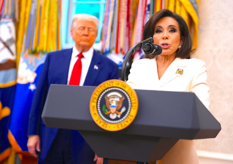 Jeanine Pirro speaks alongside U.S. President Donald Trump during her swearing in ceremony in the Oval Office of the White House on May 28, 2025 in Washington, DC.