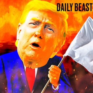 A photo illo illustration of Donald Trump holding up a white flag of surrender for the Daily Beast podcast.
