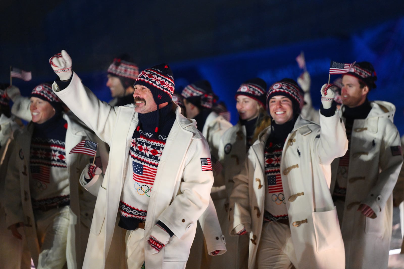 Athletes of Team United States walk in the parade during the opening ceremony of the Milano Cortina 2026 Winter Olympics at Livigno Snow Park on February 06, 2026 in Livigno, Italy.