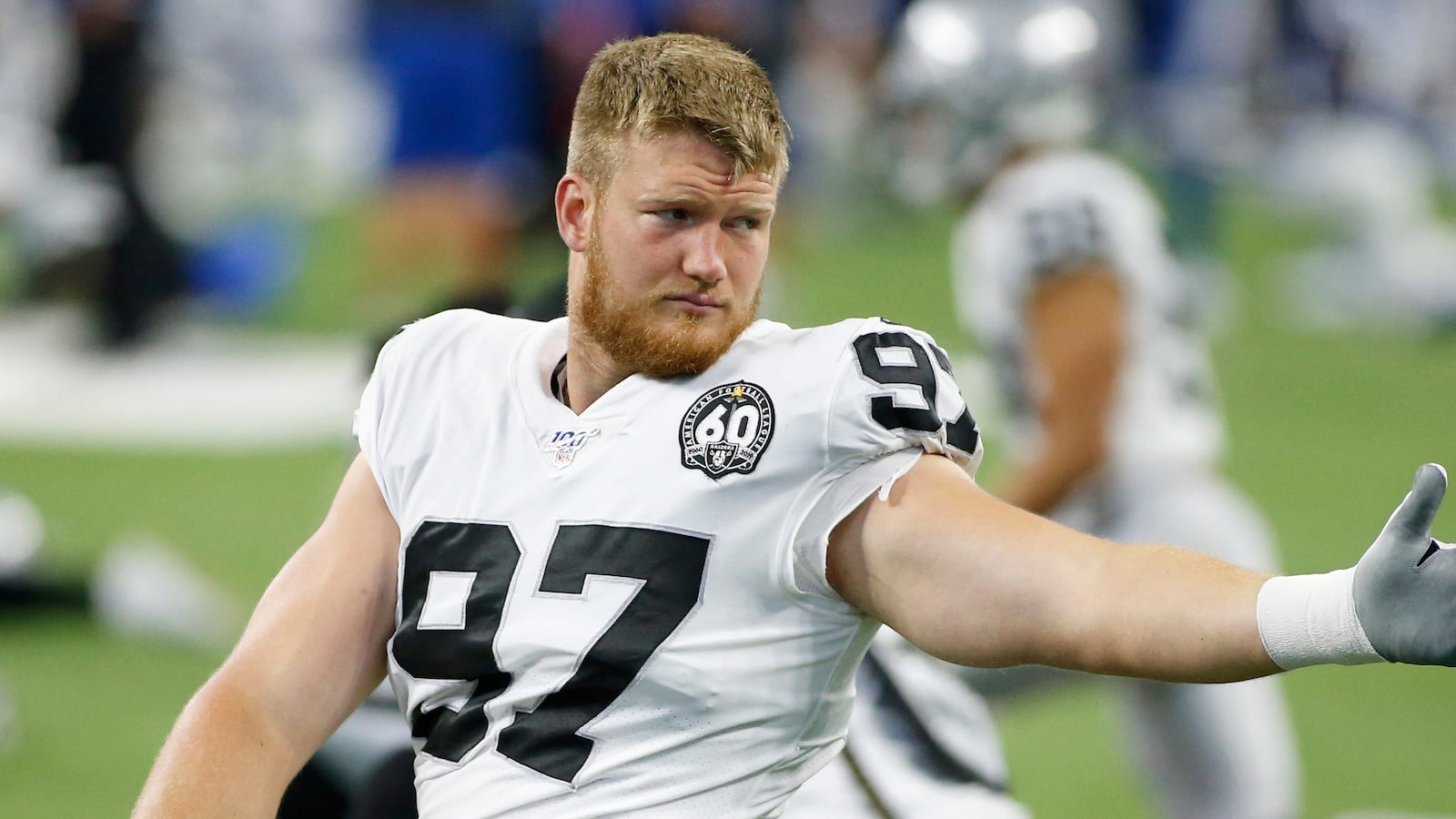 Josh Mauro #97 of the Oakland Raiders on the field before the game against the Indianapolis Colts at Lucas Oil Stadium on September 29, 2019 in Indianapolis, Indiana.