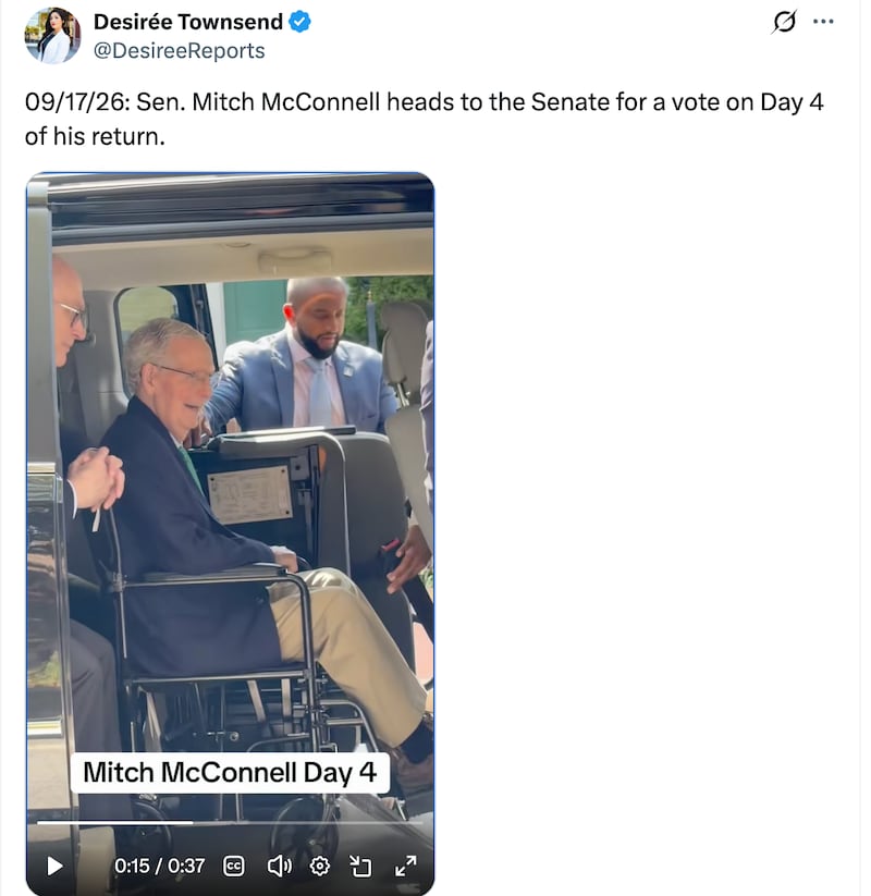 Sen. McConnell with his chief of staff Terry Carmack, who receives a $226,000 annual salary, seated right behind him as they departed on September 17, 2026.