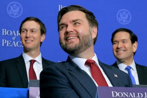 (L-R)  Jared Kushner, U.S. Vice President JD Vance, and U.S. Secretary of State Marco Rubio listen as U.S. President Donald Trump speaks during the inaugural meeting of the Board of Peace at the Donald J. Trump Institute of Peace on February 19, 2026 in Washington, DC.