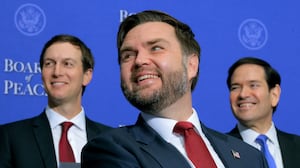 (L-R) Jared Kushner, U.S. Vice President JD Vance, and U.S. Secretary of State Marco Rubio listen as U.S. President Donald Trump speaks during the inaugural meeting of the Board of Peace at the Donald J. Trump Institute of Peace on February 19, 2026 in Washington, DC.