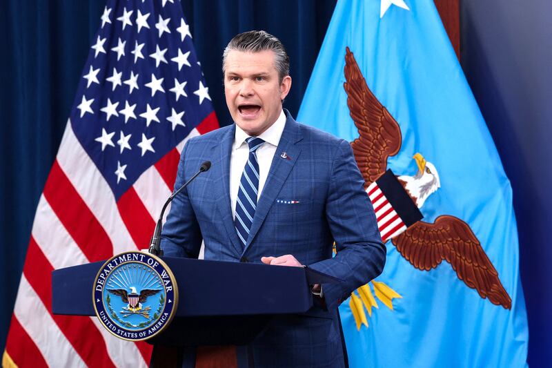 Secretary of Defense Pete Hegseth holds a press briefing in the Pentagon Press briefing room, following the announcement of a two-week ceasefire in the Iran war, at the Pentagon in Washington, D.C., U.S., April 8, 2026.