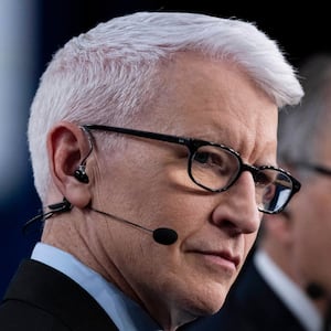 CNN journalist Anderson Cooper looks on in the spin room after the fifth Republican presidential primary debate at Drake University in Des Moines, Iowa, on January 10, 2024.